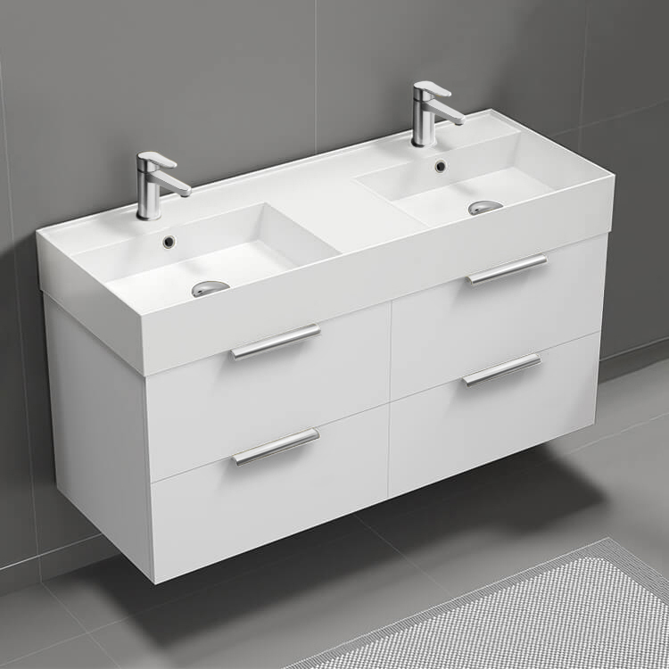 Nameeks DERIN234 48 Inch Bathroom Vanity, Double Sink, Modern, Wall Mounted, Glossy White